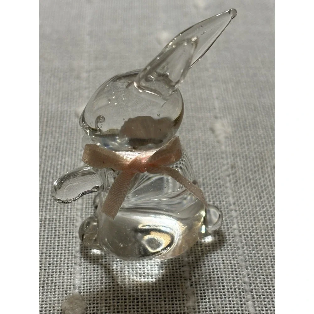 Adorable Vintage Clear Glass Small Bunny Rabbit With Pink Bow 2